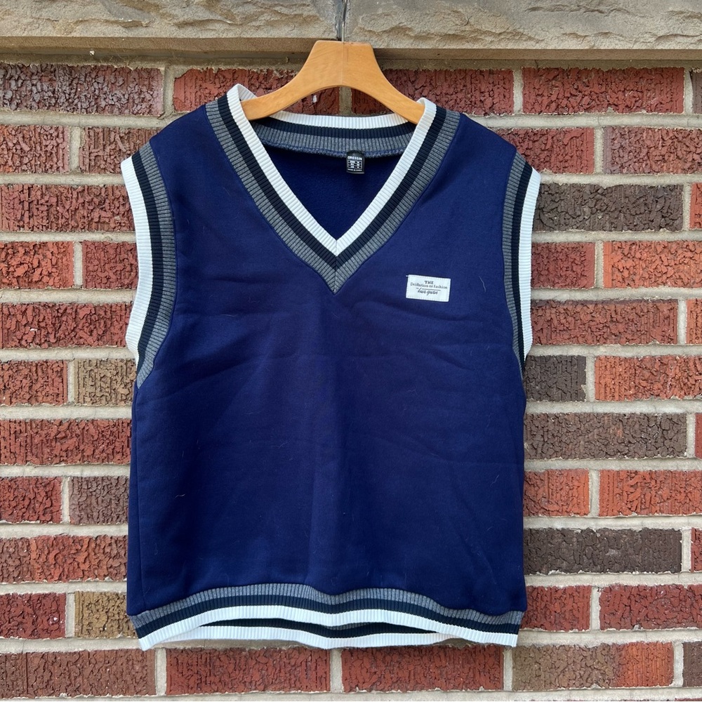 Dressin Blue and White Varsity Lined V Neck Sleeveless Sweater Vest